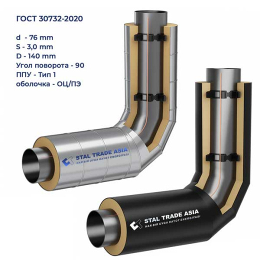 Отвод ст. 76X3,0-90-140-1-ППУ-ПЭ/ОЦ с ОДК